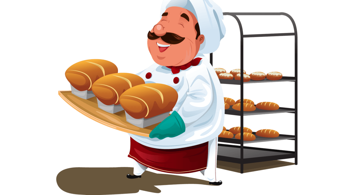 Ein fröhlicher Bäcker mit einem Tablett Broten